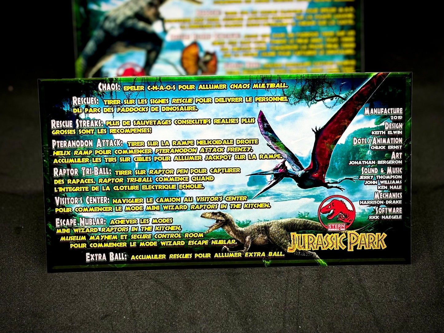 Instrucciones de las tarjetas del juego Stern Jurassic Park 2019, tarjetas de pinball personalizadas con impresión de delantal