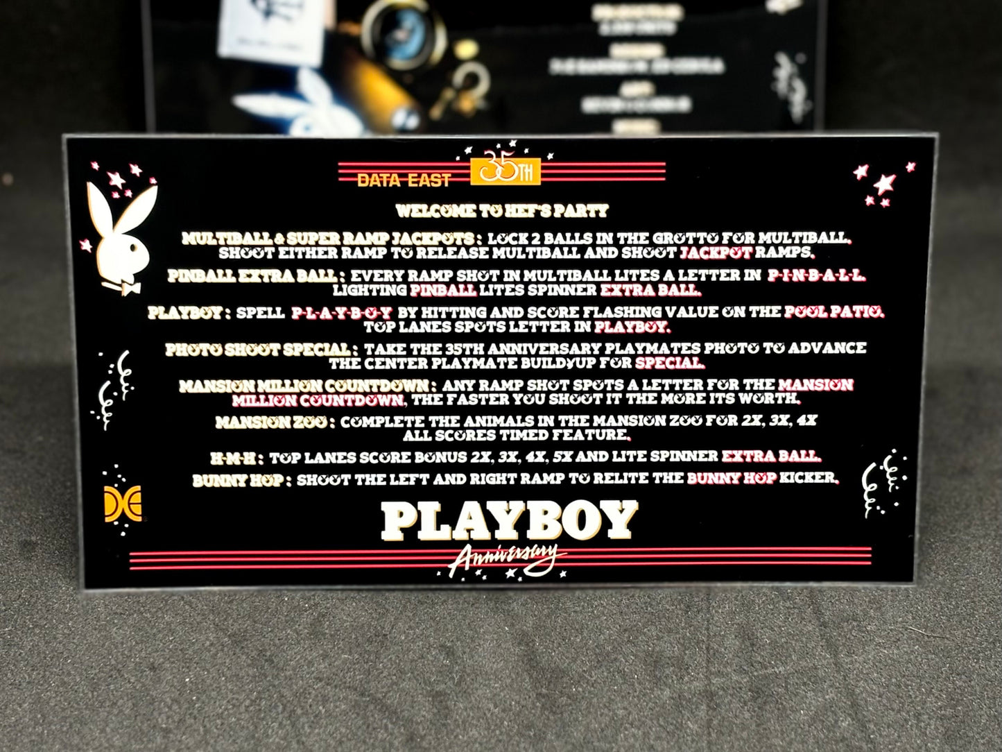Data East Playboy 35TH Anniversary 1989 Jeu Cartes Instructions Flipper Custom Apron règles imprimées