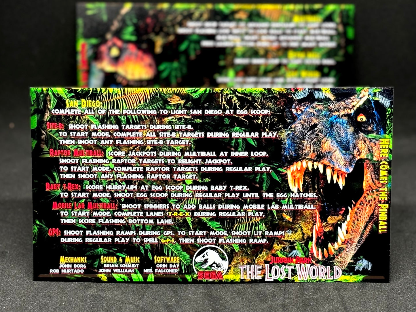 Instrucciones de las tarjetas del juego SEGA The Lost World Jurassic Park 1997, tarjetas de pinball personalizadas con impresión de pinball.