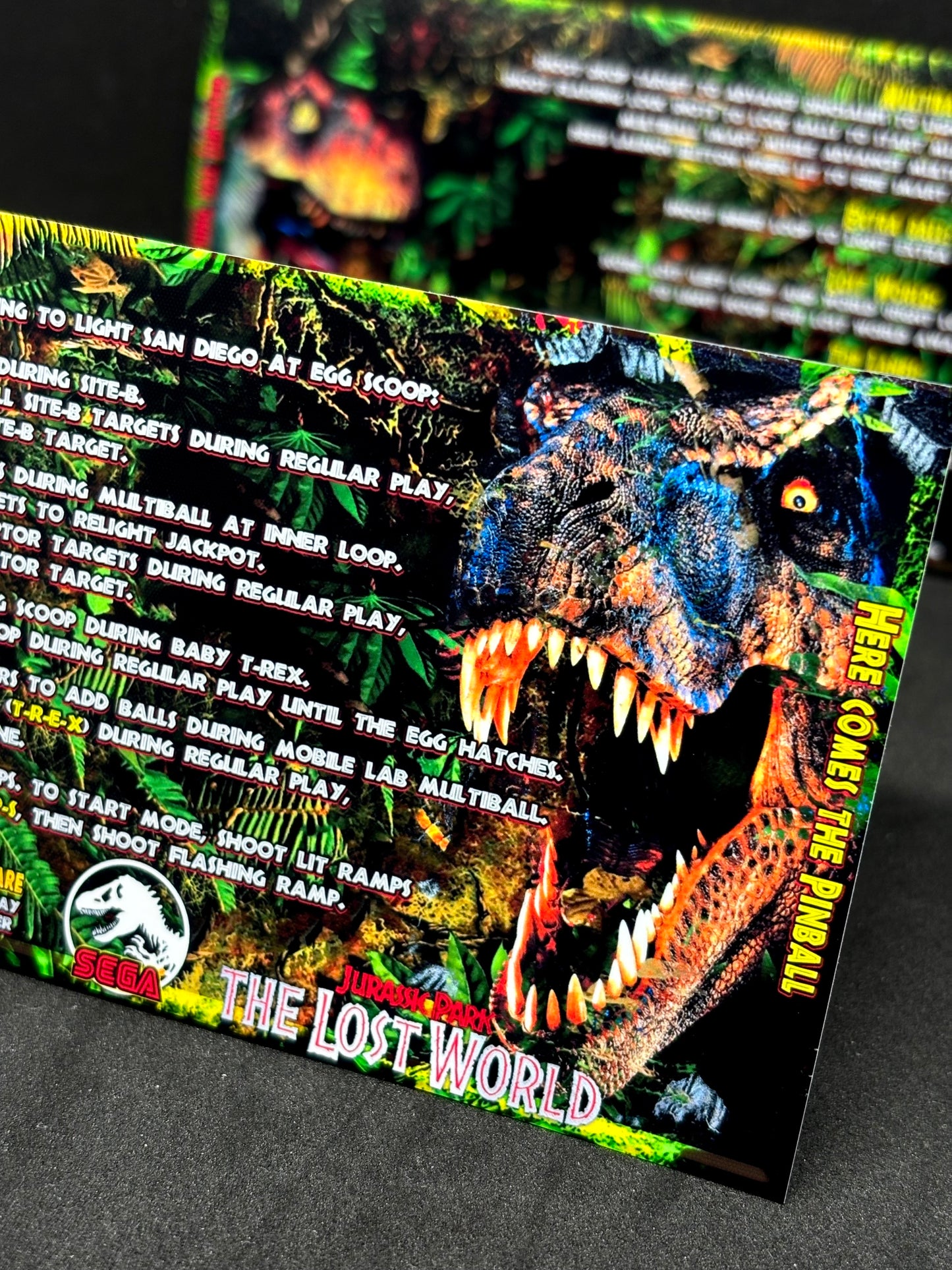 Instrucciones de las tarjetas del juego SEGA The Lost World Jurassic Park 1997, tarjetas de pinball personalizadas con impresión de pinball.