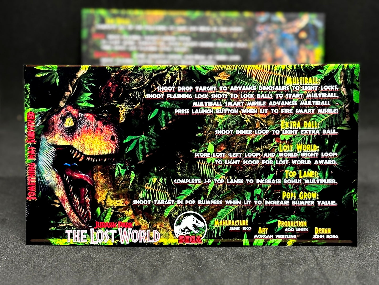 Instrucciones de las tarjetas del juego SEGA The Lost World Jurassic Park 1997, tarjetas de pinball personalizadas con impresión de pinball.