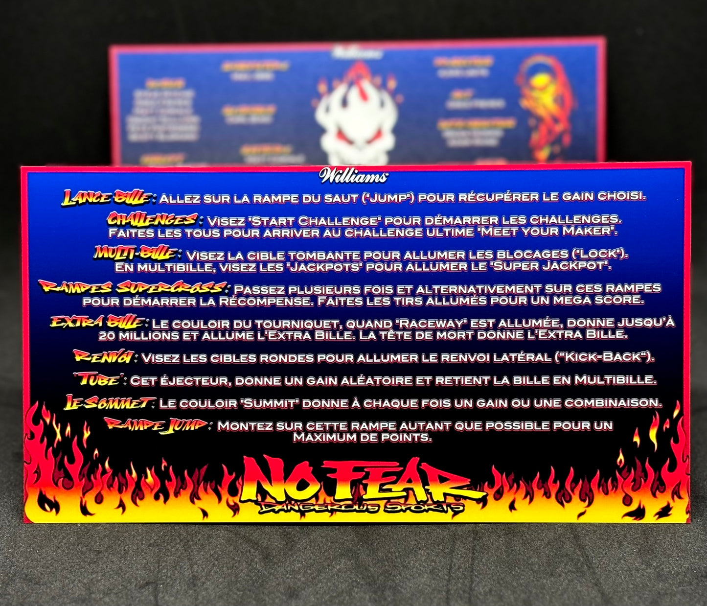 Instrucciones de las tarjetas del juego Williams No Fear Dangerous Sports 1995, delantal personalizado de pinball, reglas impresas