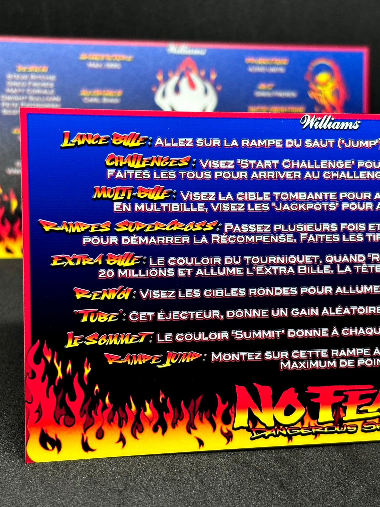 Instrucciones de las tarjetas del juego Williams No Fear Dangerous Sports 1995, delantal personalizado de pinball, reglas impresas