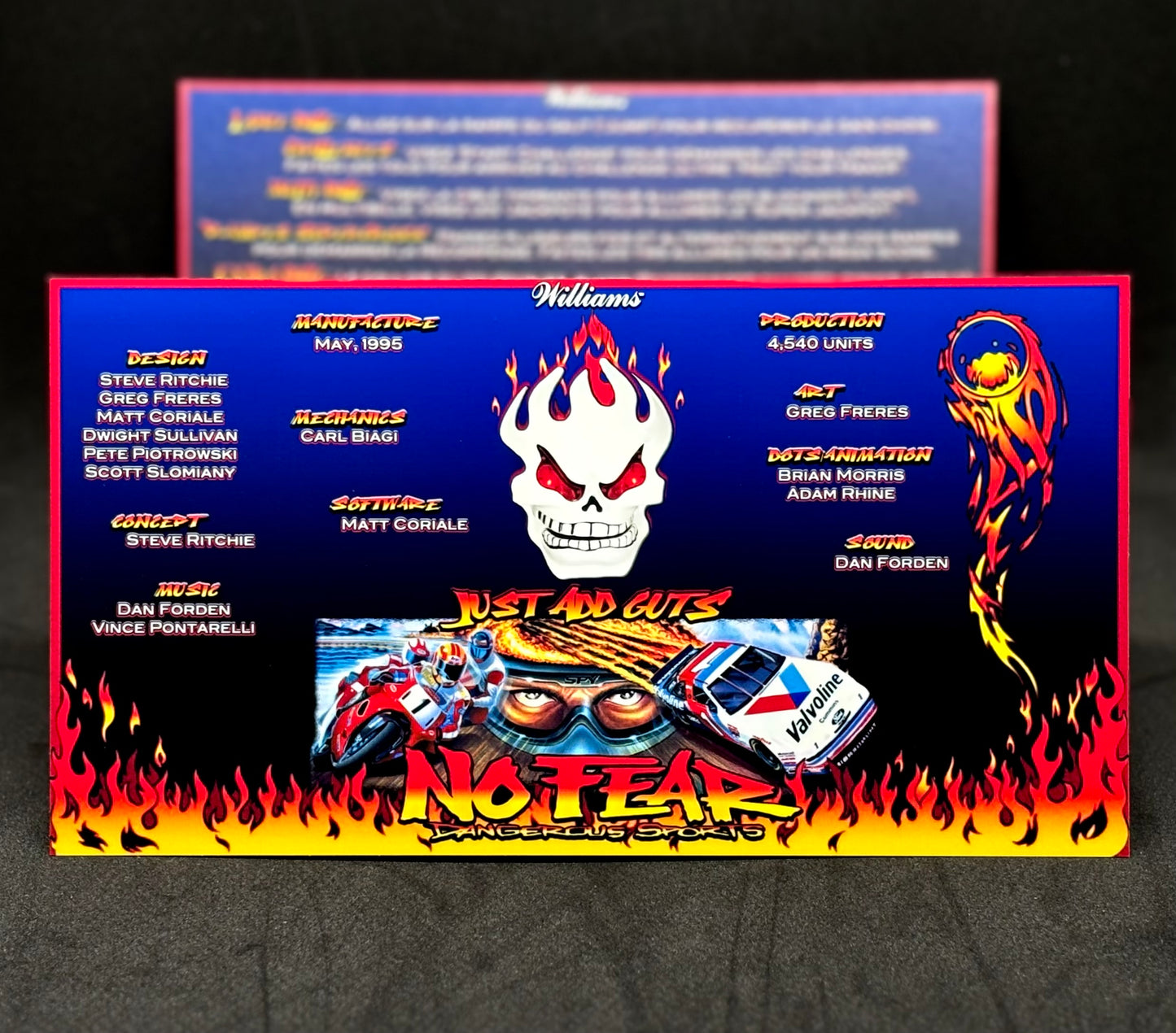 Instrucciones de las tarjetas del juego Williams No Fear Dangerous Sports 1995, delantal personalizado de pinball, reglas impresas