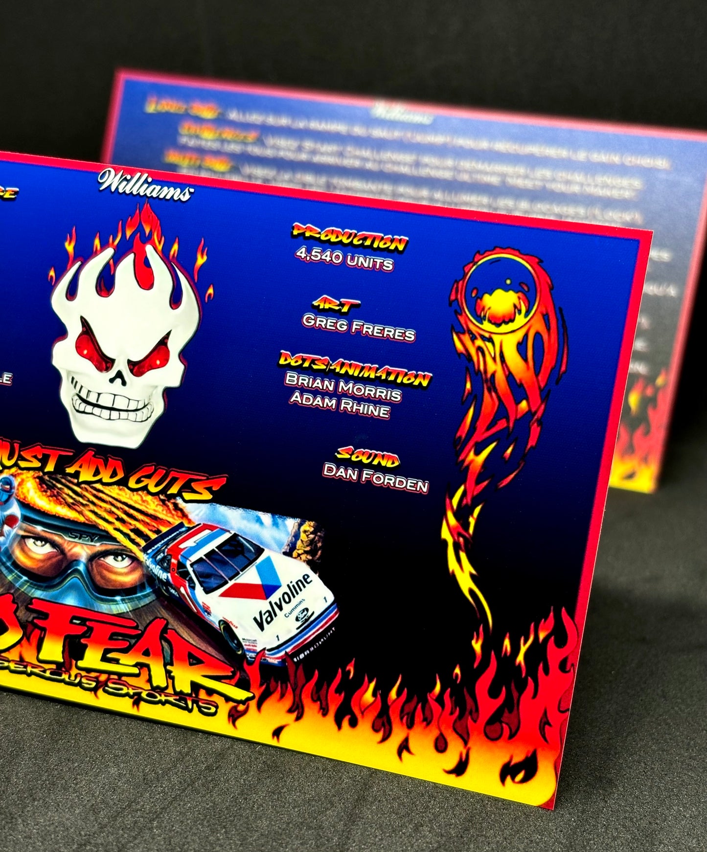 Instrucciones de las tarjetas del juego Williams No Fear Dangerous Sports 1995, delantal personalizado de pinball, reglas impresas