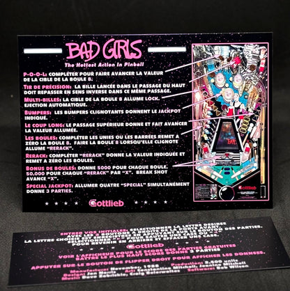 Instrucciones de las tarjetas del juego Gottlieb Bad Girls 1988, reglas impresas del delantal personalizado de pinball