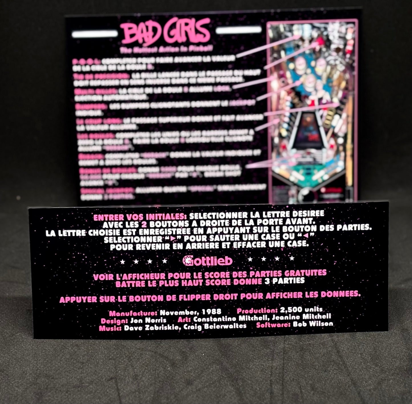 Instrucciones de las tarjetas del juego Gottlieb Bad Girls 1988, tarjetas de pinball personalizadas con impresión de delantal