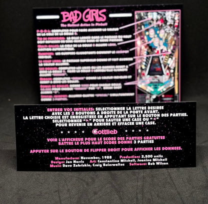 Instrucciones de las tarjetas del juego Gottlieb Bad Girls 1988, reglas impresas del delantal personalizado de pinball