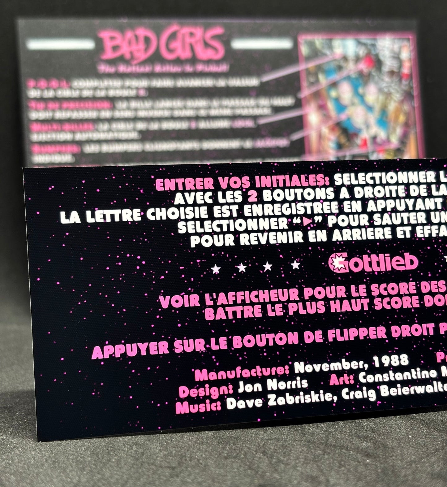 Instrucciones de las tarjetas del juego Gottlieb Bad Girls 1988, tarjetas de pinball personalizadas con impresión de delantal