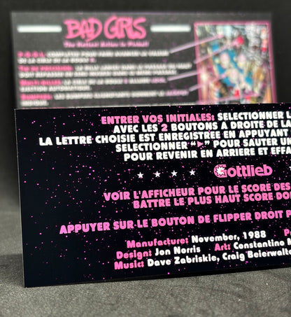 Instrucciones de las tarjetas del juego Gottlieb Bad Girls 1988, reglas impresas del delantal personalizado de pinball