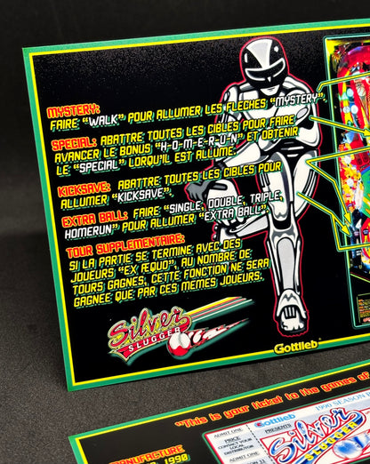 Instrucciones de las tarjetas del juego Gottlieb Silver Slugger 1990, reglas impresas del delantal personalizado de Pinball