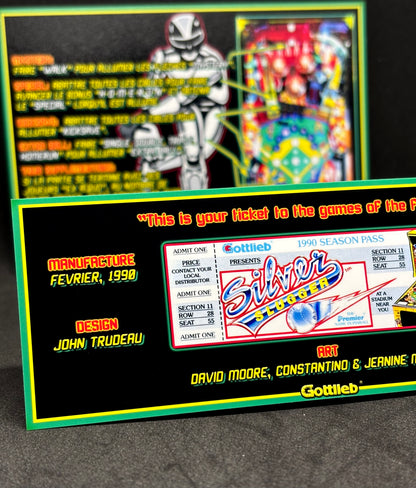 Instrucciones de las tarjetas del juego Gottlieb Silver Slugger 1990, reglas impresas del delantal personalizado de Pinball