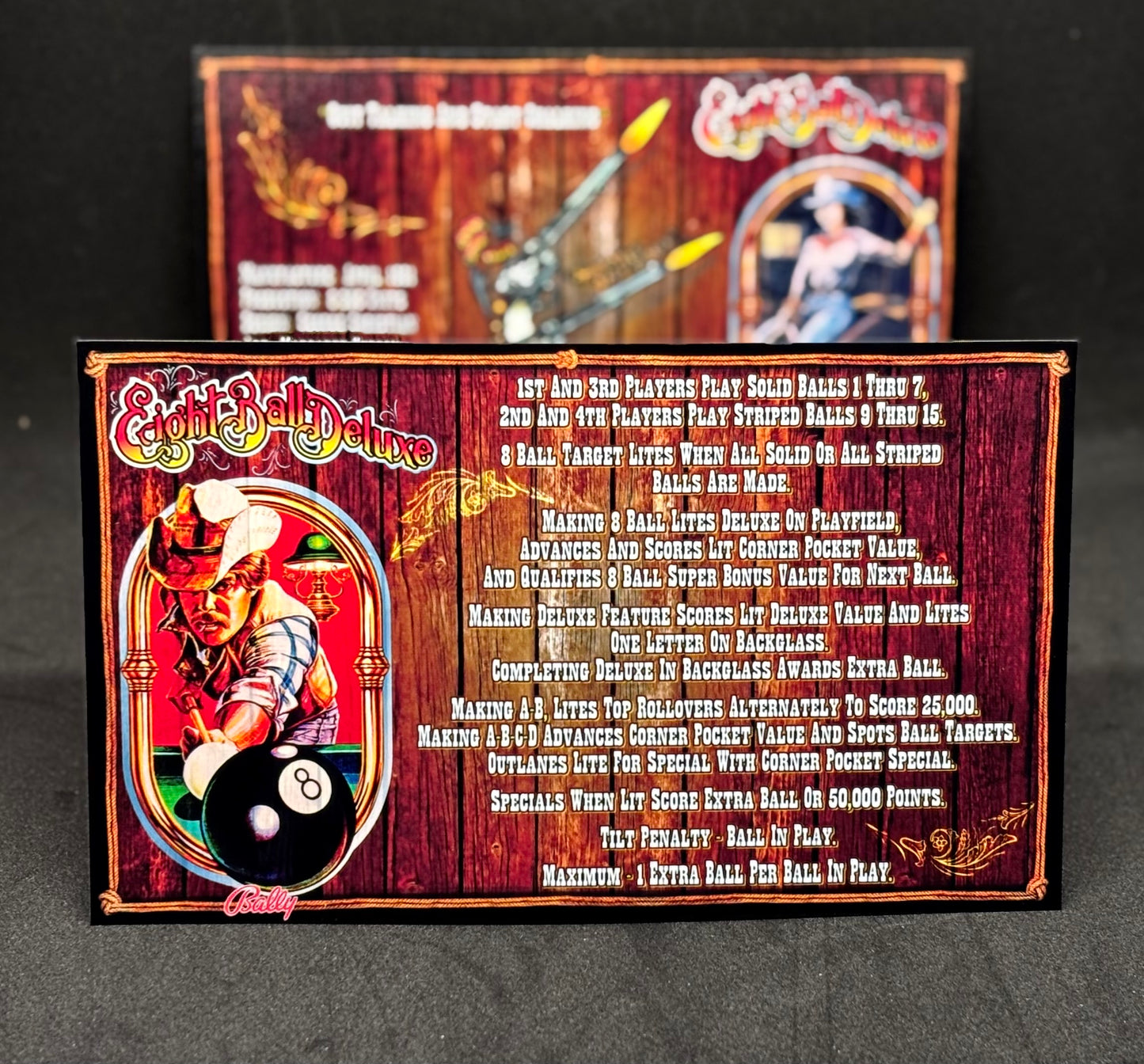 Instrucciones de las tarjetas del juego Bally Eight Ball Deluxe 1981 (F) Pinball Delantal personalizado Reglas impresas M-1508-98F