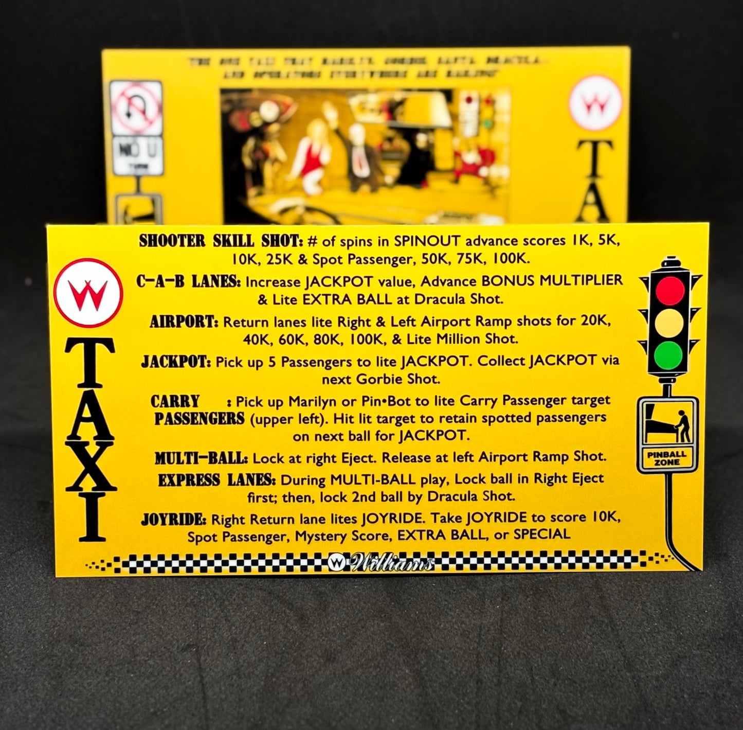 Instrucciones de las tarjetas del juego Williams Taxi 1988, delantal personalizado de pinball, reglas impresas