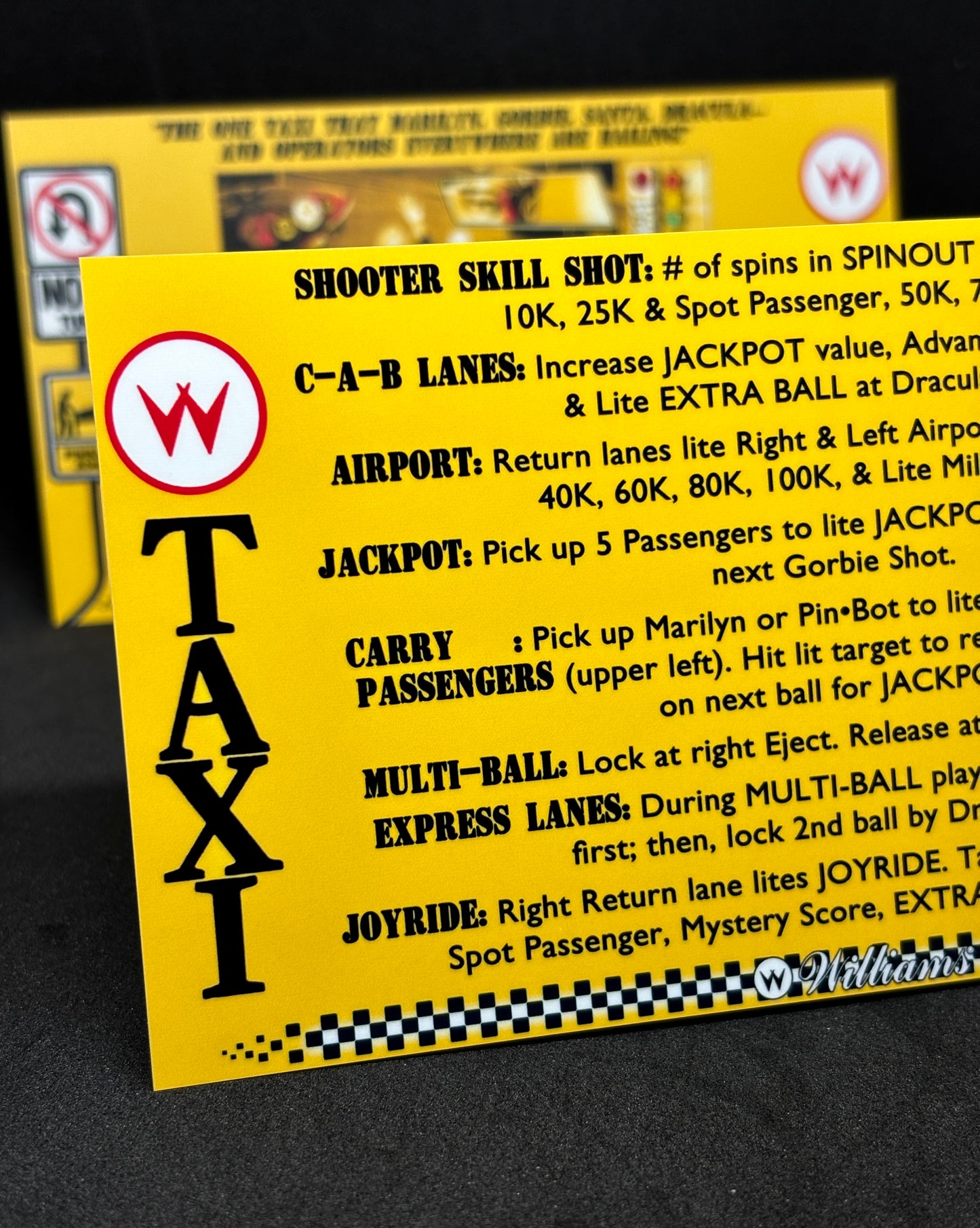 Instrucciones de las tarjetas del juego Williams Taxi 1988, delantal personalizado de pinball, reglas impresas