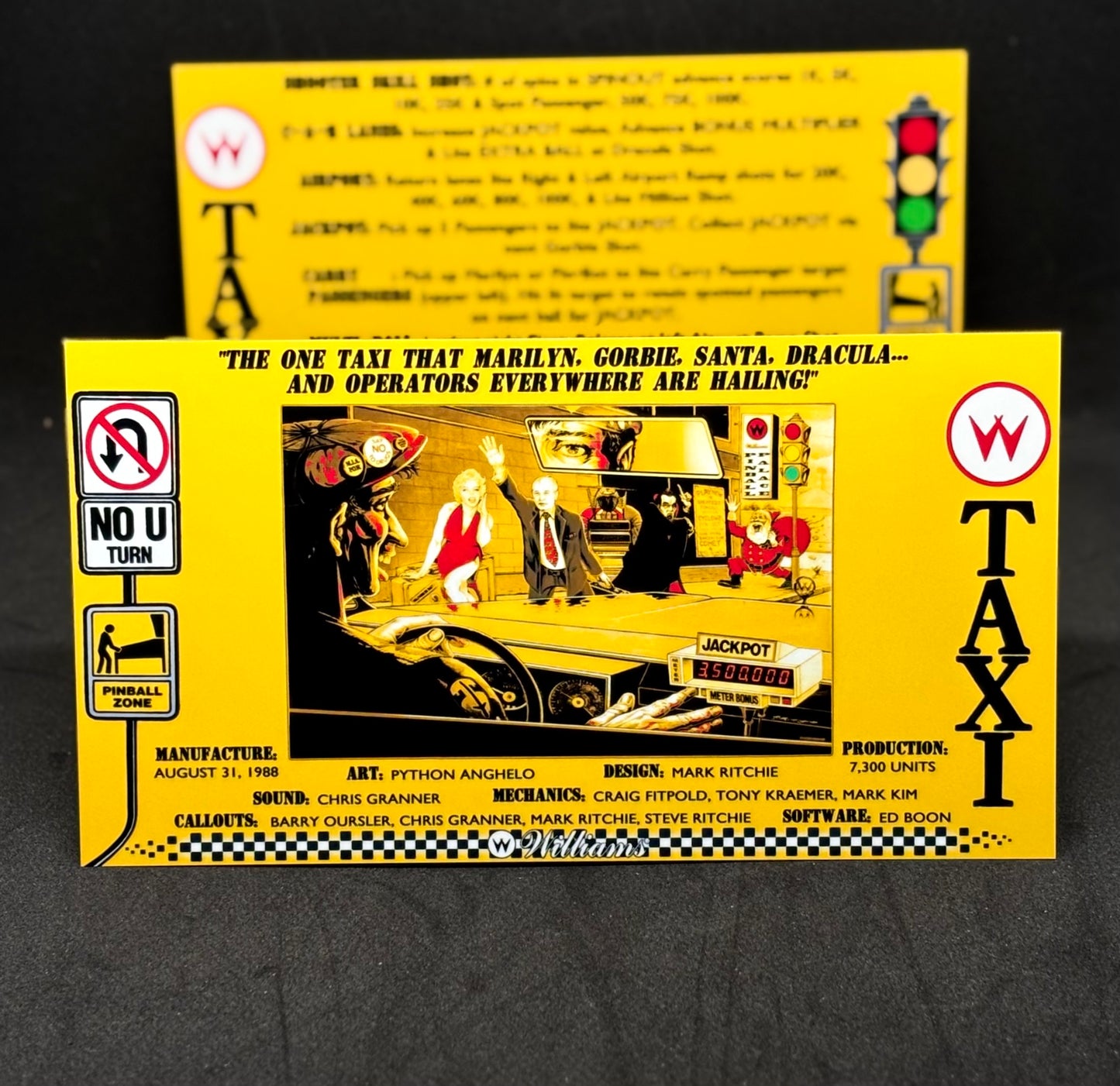Instrucciones de las tarjetas del juego Williams Taxi 1988, delantal personalizado de pinball, reglas impresas