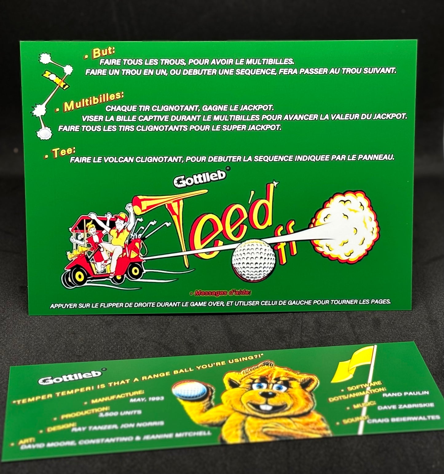 Instrucciones de las tarjetas de juego Gottlieb TEE'D OFF 1993 Pinball - Tarjetas de delantal de pinball con impresión personalizada