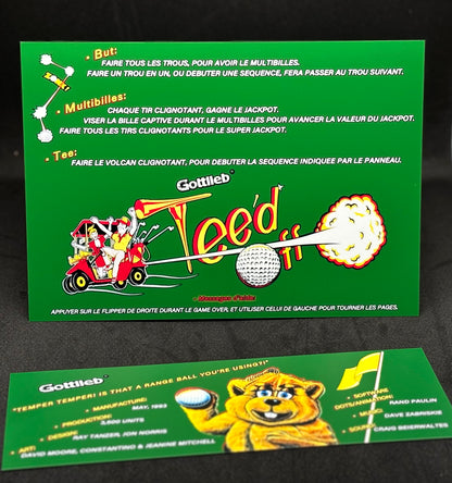Gottlieb TEE'D OFF 1993 Game Cards Instructions Pinball Custom Apron printed rules