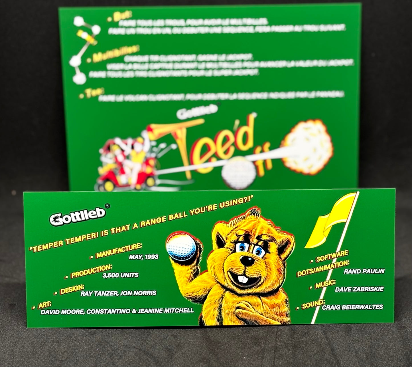 Instrucciones de las tarjetas de juego Gottlieb TEE'D OFF 1993 Pinball - Tarjetas de delantal de pinball con impresión personalizada