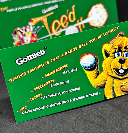 Gottlieb TEE'D OFF 1993 Game Cards Instructions Pinball Custom Apron printed rules
