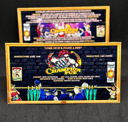 Instrucciones de las tarjetas del juego Bally The Champion Pub 1998 Delantal personalizado de pinball Reglas impresas