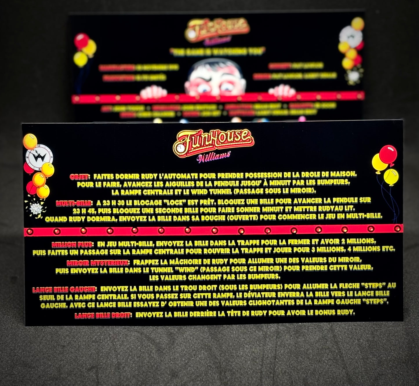 Williams Funhouse 1990 Game Cards Instructions Pinball Custom Apron Printed Rules V2