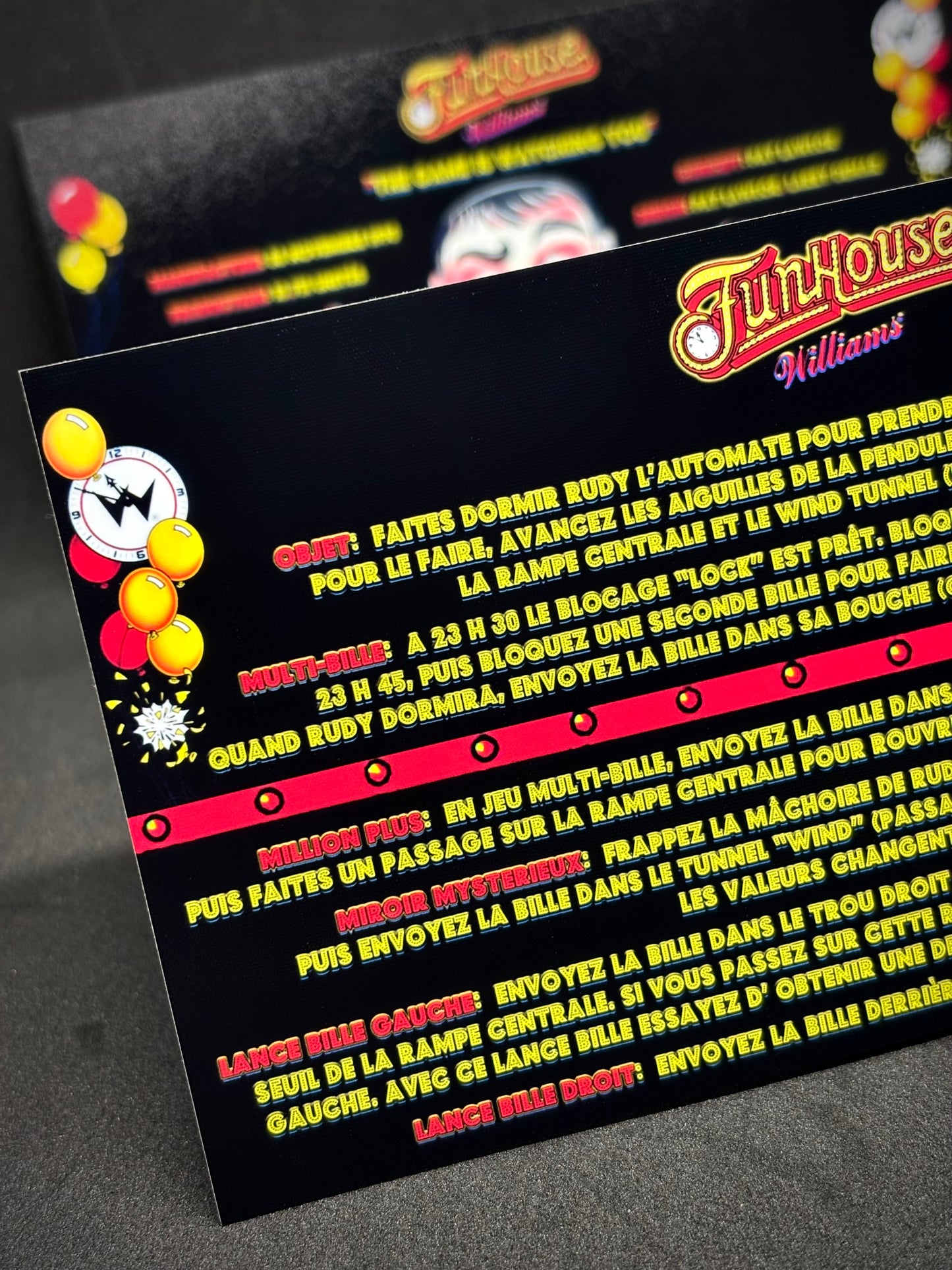 Williams Funhouse 1990 Game Cards Instructions Pinball Custom Apron Printed Rules V2