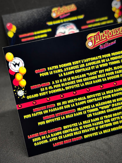 Instrucciones de las tarjetas del juego Williams Funhouse 1990, delantal personalizado de pinball, reglas impresas V2