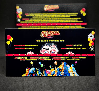 Instrucciones de las tarjetas del juego Williams Funhouse 1990, delantal personalizado de pinball, reglas impresas V2