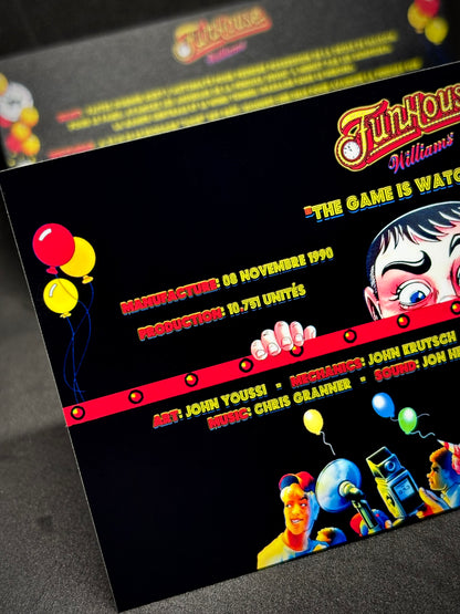 Instrucciones de las tarjetas del juego Williams Funhouse 1990, delantal personalizado de pinball, reglas impresas V2