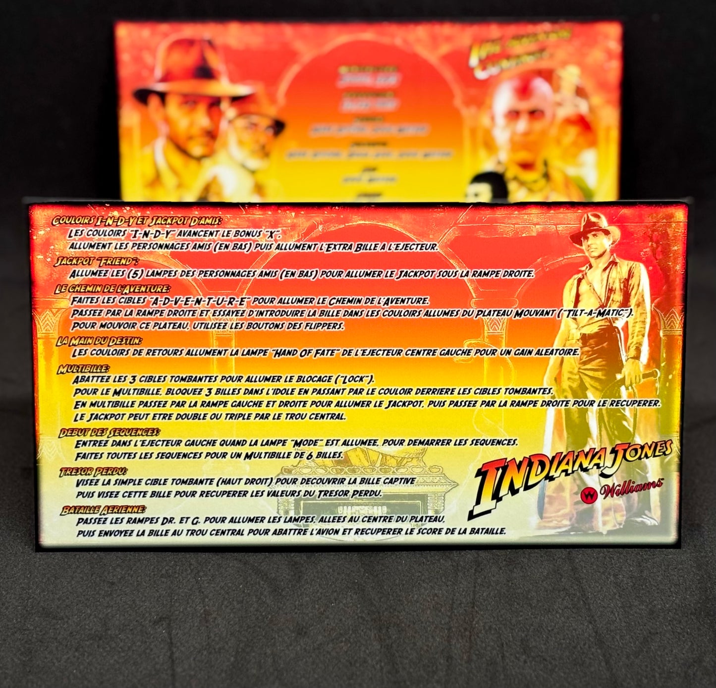 Williams Indiana Jones 1993 Jeu Cartes Instructions Flipper Custom Apron règles imprimées V2