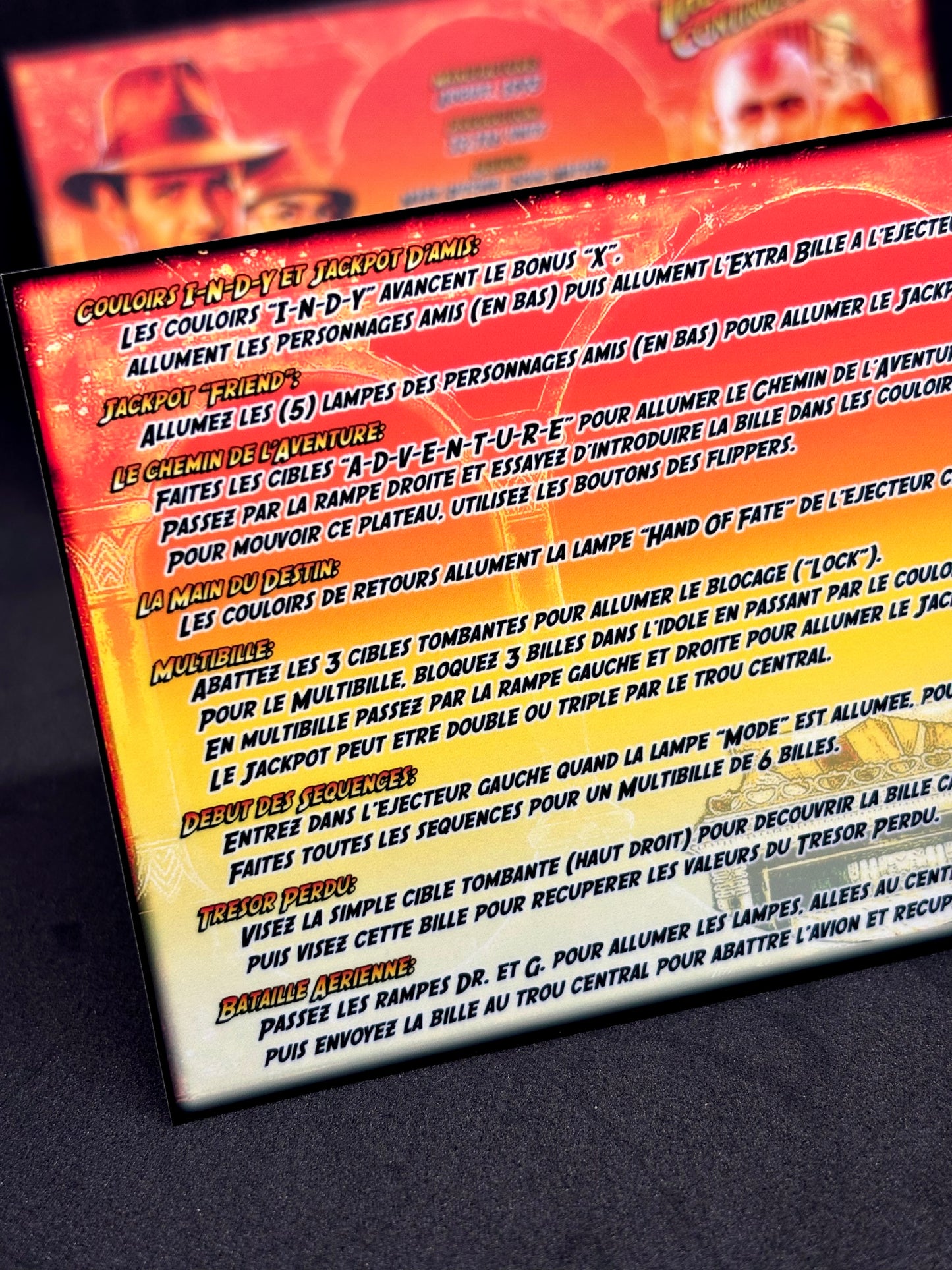 Williams Indiana Jones 1993 Jeu Cartes Instructions Flipper Custom Apron règles imprimées V2