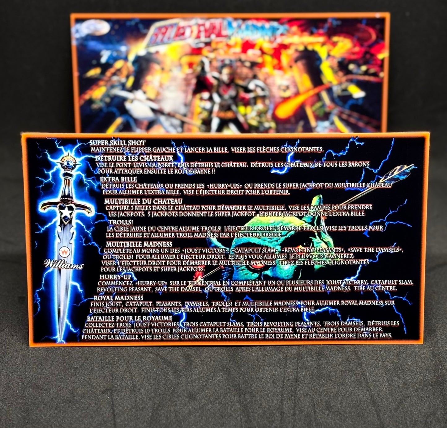 Instrucciones de las tarjetas del juego Williams Medieval Madness 1997, delantal personalizado de pinball, reglas impresas V2