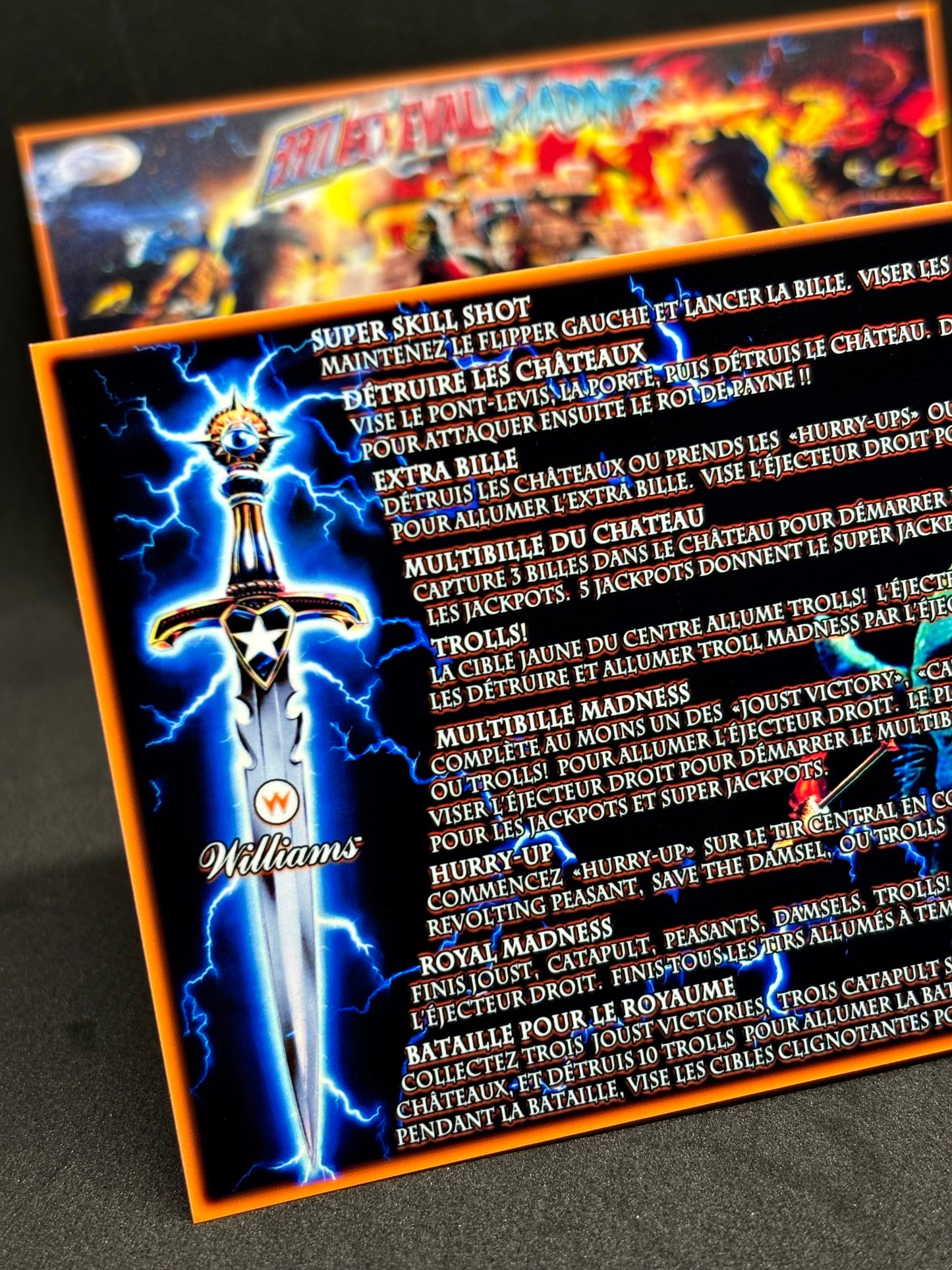 Instrucciones de las tarjetas del juego Williams Medieval Madness 1997, delantal personalizado de pinball, reglas impresas V2