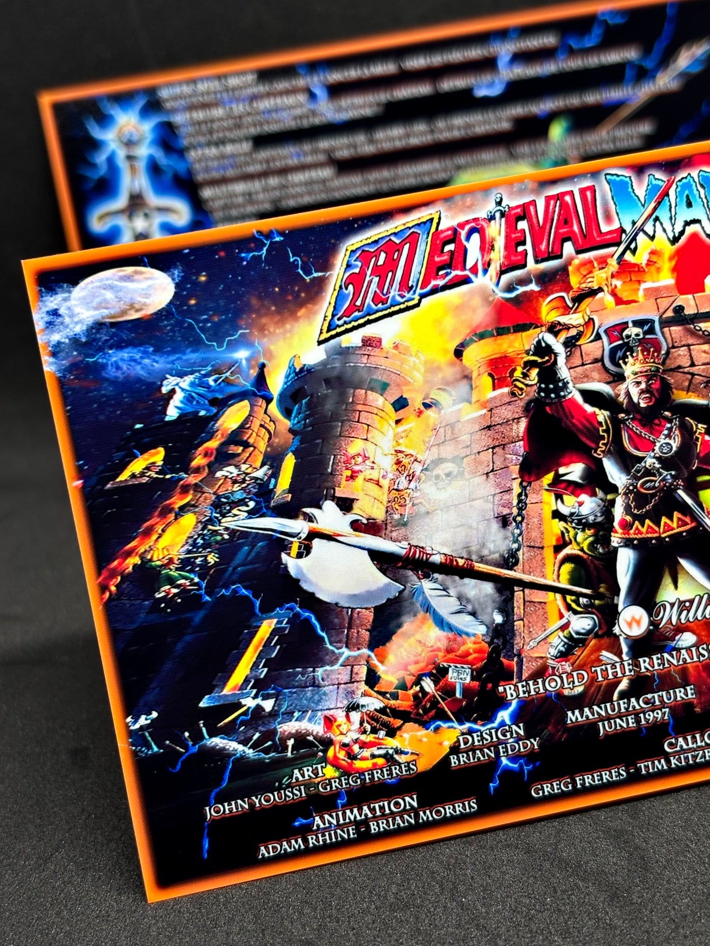 Instrucciones de las tarjetas del juego Williams Medieval Madness 1997, delantal personalizado de pinball, reglas impresas V2