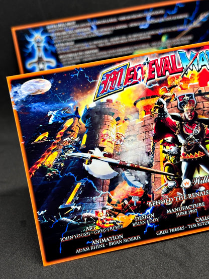 Instrucciones de las tarjetas del juego Williams Medieval Madness 1997, delantal personalizado de pinball, reglas impresas V2