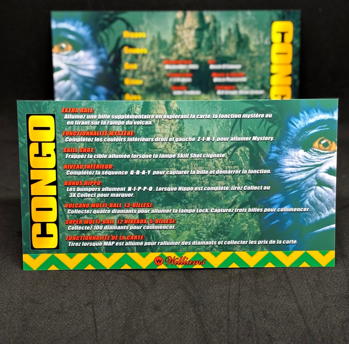 Instrucciones de las tarjetas de juego Williams CONGO 1995 Pinball Delantal personalizado reglas impresas