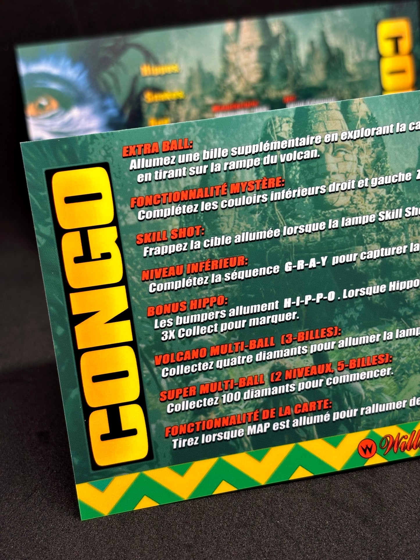 Instrucciones de las tarjetas de juego Williams CONGO 1995 Pinball Delantal personalizado reglas impresas