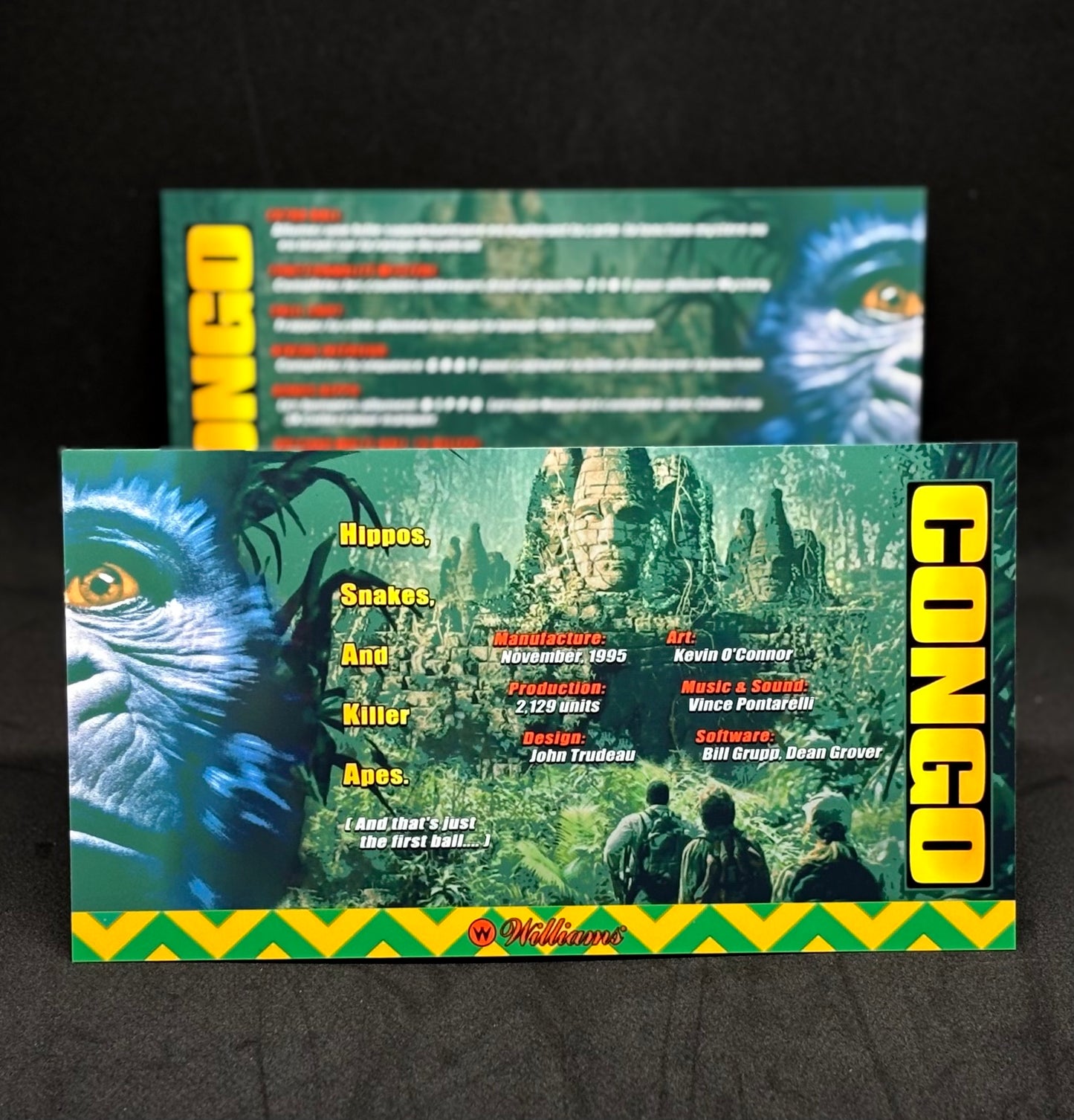 Instrucciones de las tarjetas de juego Williams CONGO 1995 Pinball Delantal personalizado reglas impresas