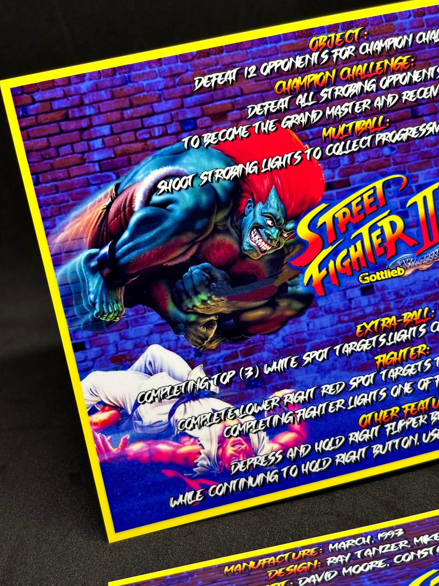 Instrucciones de las tarjetas de juego Gottlieb Street Fighter 1993 Pinball - Tarjetas de pinball personalizadas con impresión personalizada