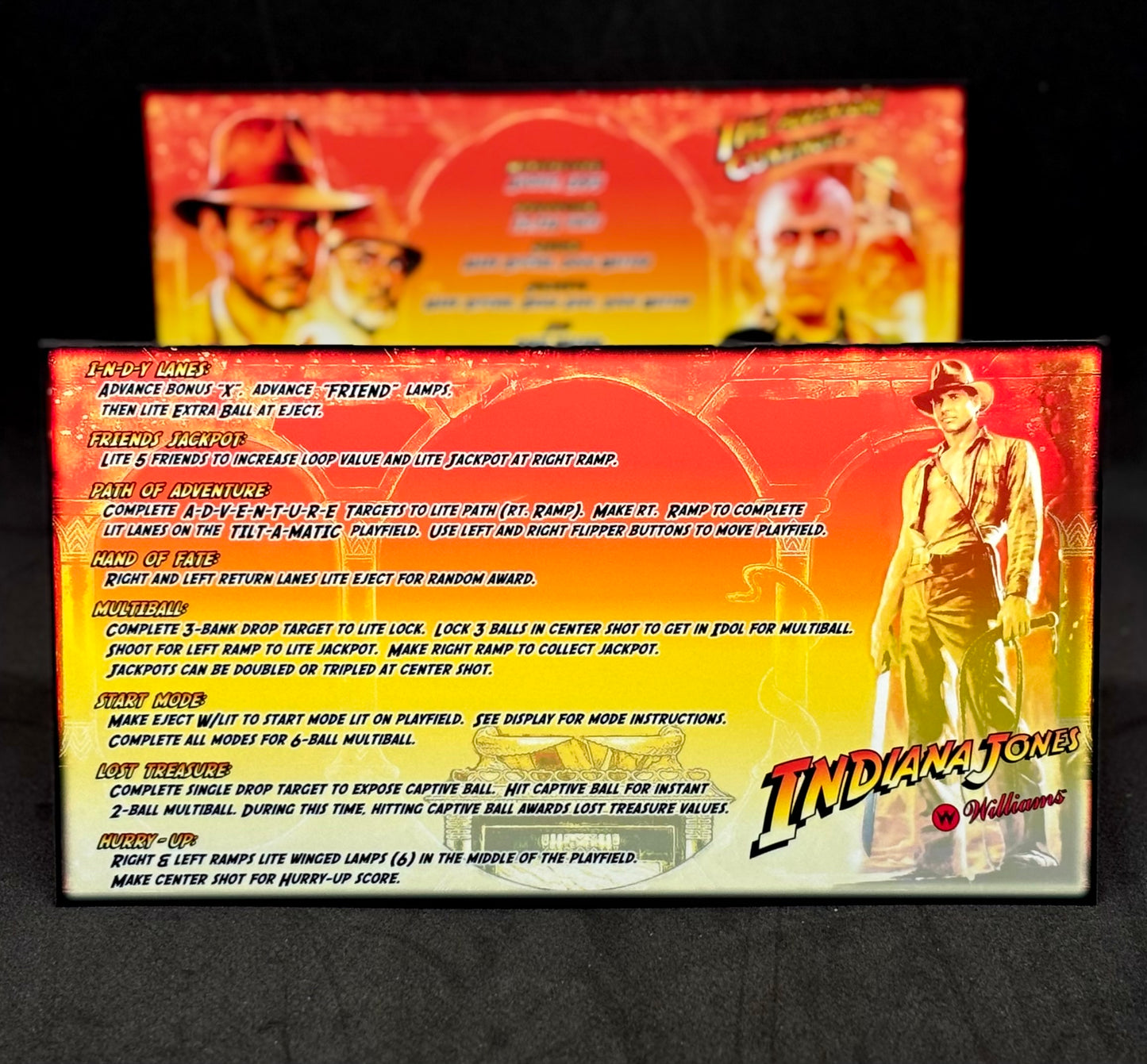 Williams Indiana Jones 1993 Jeu Cartes Instructions Flipper Custom Apron règles imprimées V2