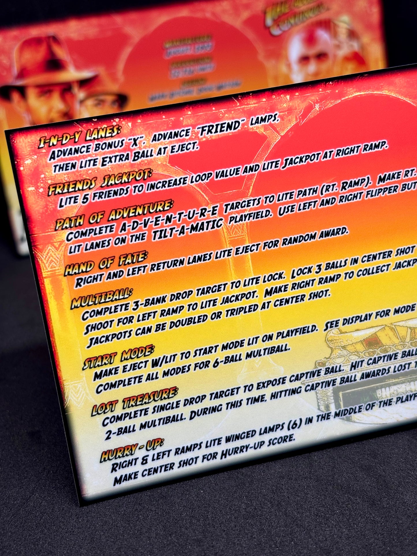 Williams Indiana Jones 1993 Jeu Cartes Instructions Flipper Custom Apron règles imprimées V2