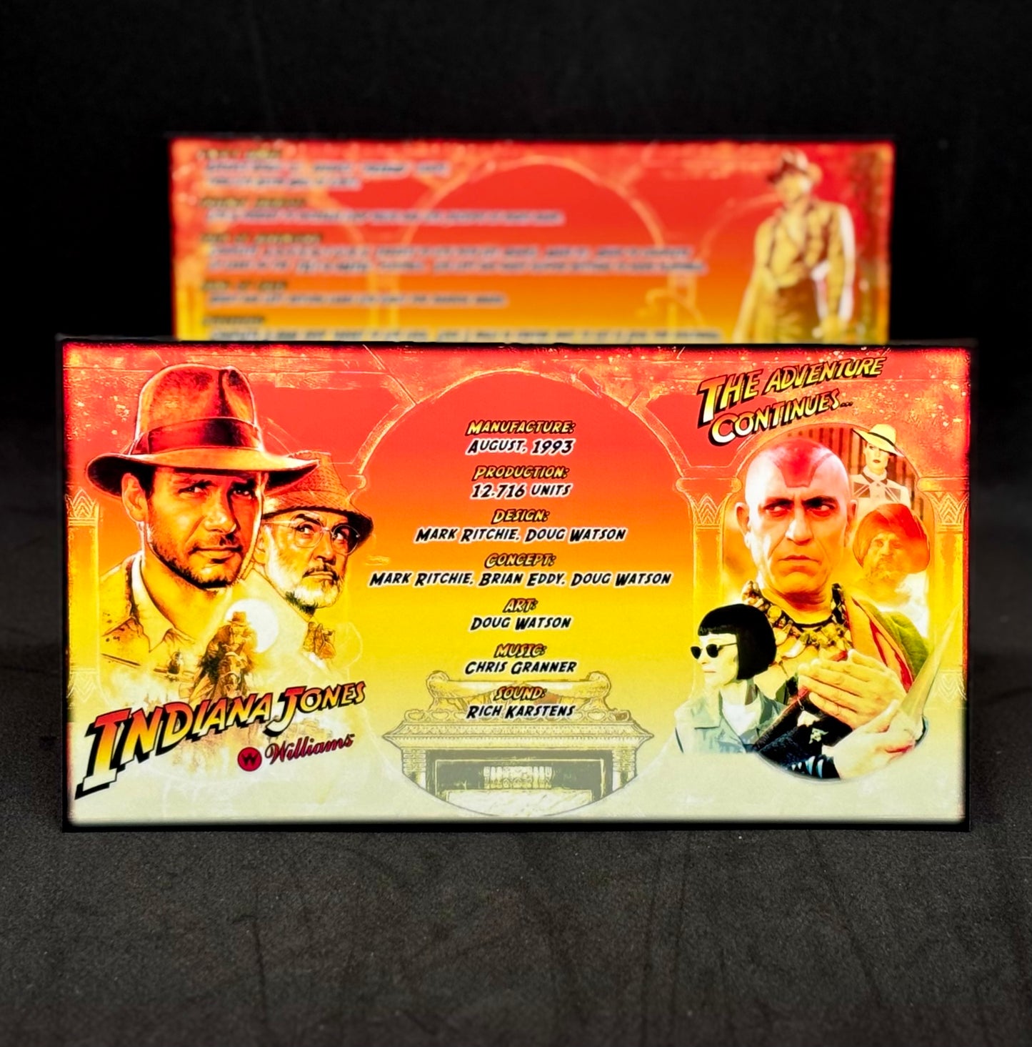 Williams Indiana Jones 1993 Jeu Cartes Instructions Flipper Custom Apron règles imprimées V2