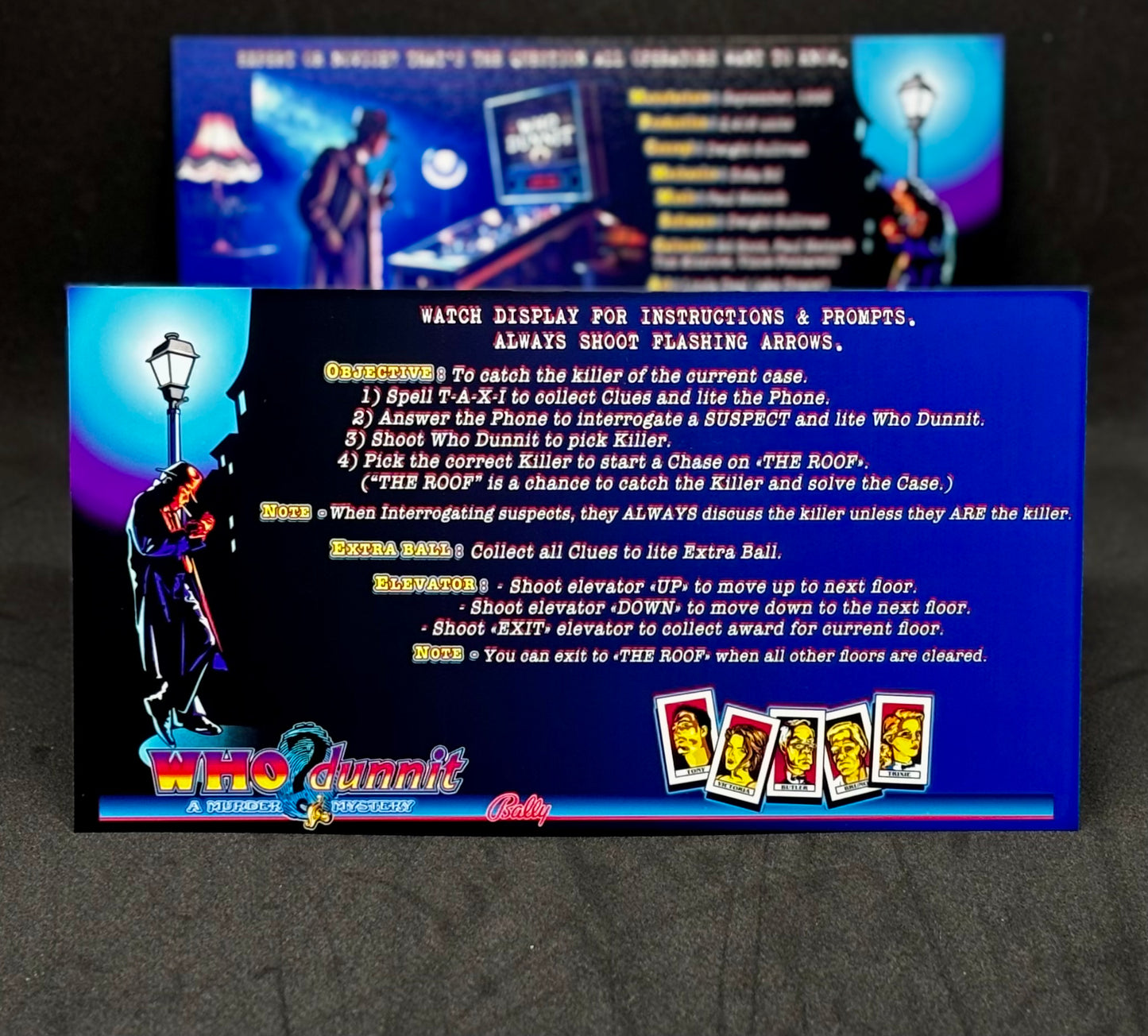 Instrucciones para tarjetas de juego Bally Who Dunnit 1995, delantal personalizado de pinball, reglas impresas