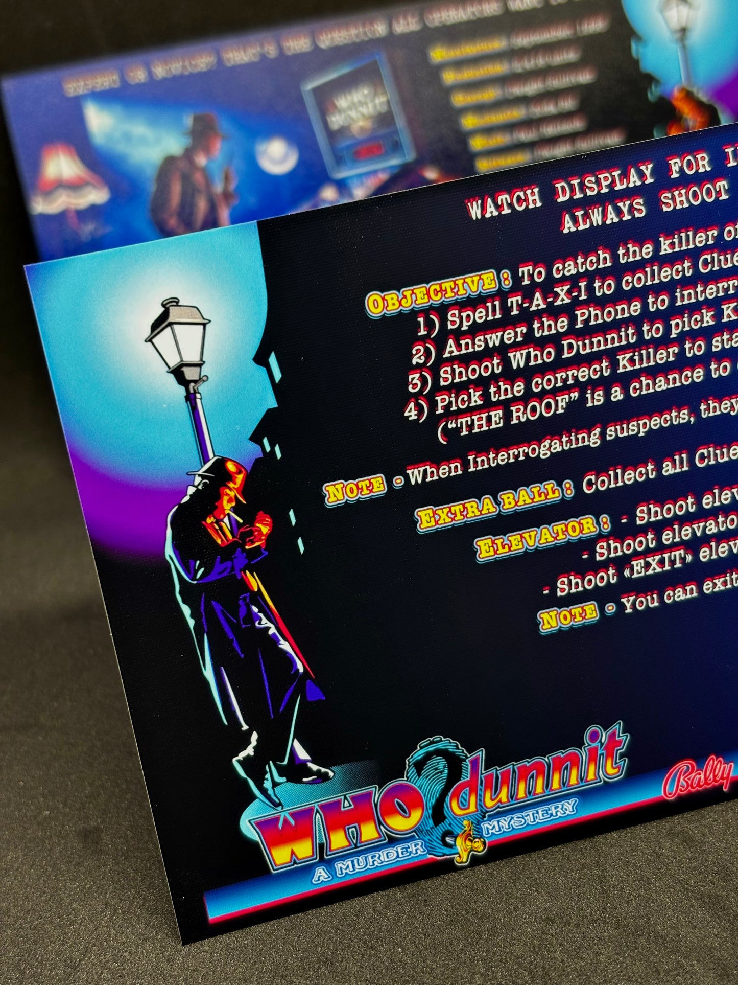 Instrucciones para tarjetas de juego Bally Who Dunnit 1995, delantal personalizado de pinball, reglas impresas