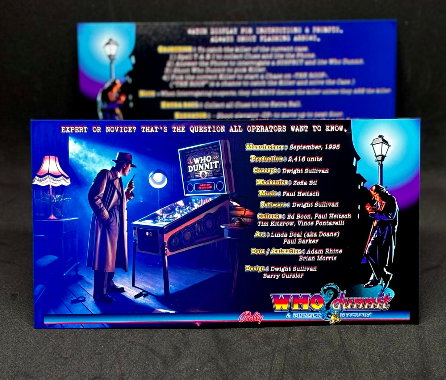 Instrucciones para tarjetas de juego Bally Who Dunnit 1995, delantal personalizado de pinball, reglas impresas