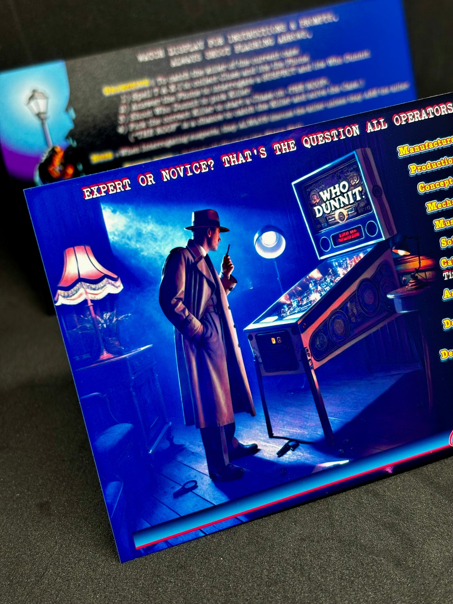 Instrucciones para tarjetas de juego Bally Who Dunnit 1995, delantal personalizado de pinball, reglas impresas