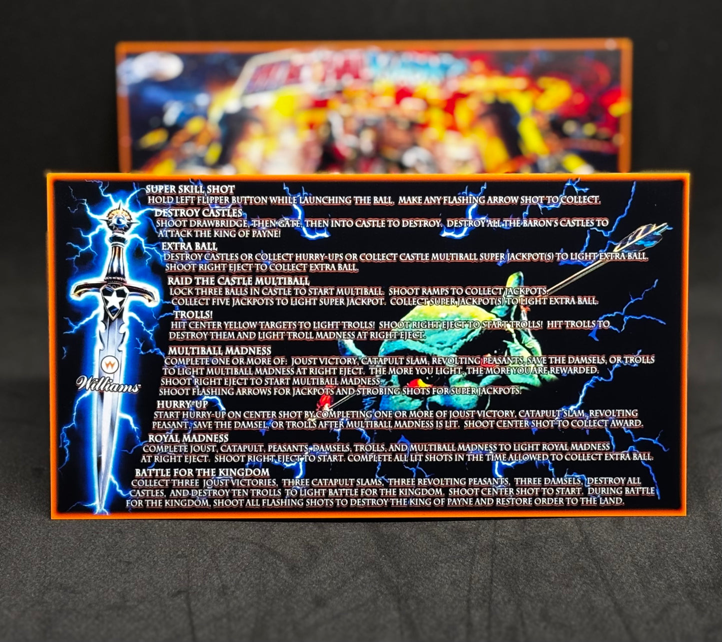 Instrucciones de las tarjetas del juego Williams Medieval Madness 1997, delantal personalizado de pinball, reglas impresas V2