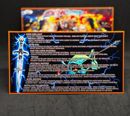 Instrucciones de las tarjetas del juego Williams Medieval Madness 1997, delantal personalizado de pinball, reglas impresas V2