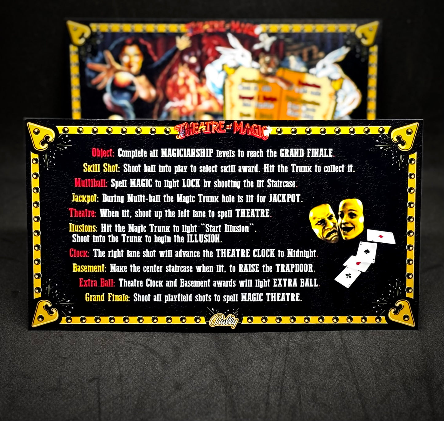 Instrucciones de las tarjetas del juego Bally Theatre of Magic de 1995, máquina de pinball, delantal personalizado, reglas impresas